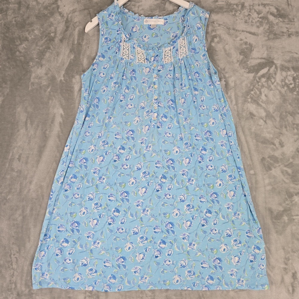 Eileen West Short Floral Dress Modal Stretch Nightgown Large Blue Cottage